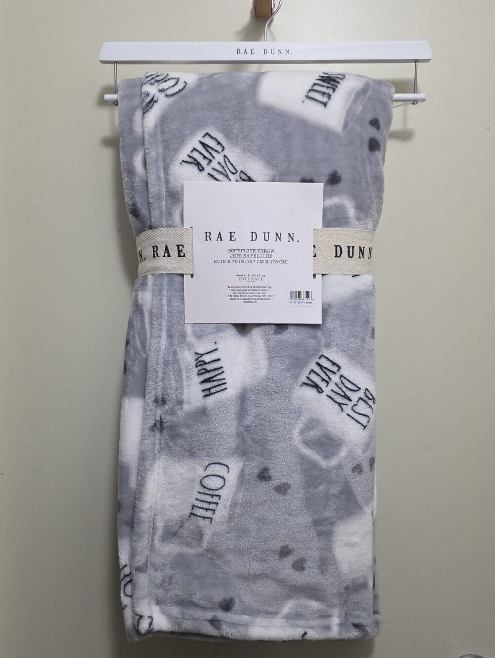 VHTF Rae Dunn Gray and White Plush Throw with Mug Print - ONLY ONE